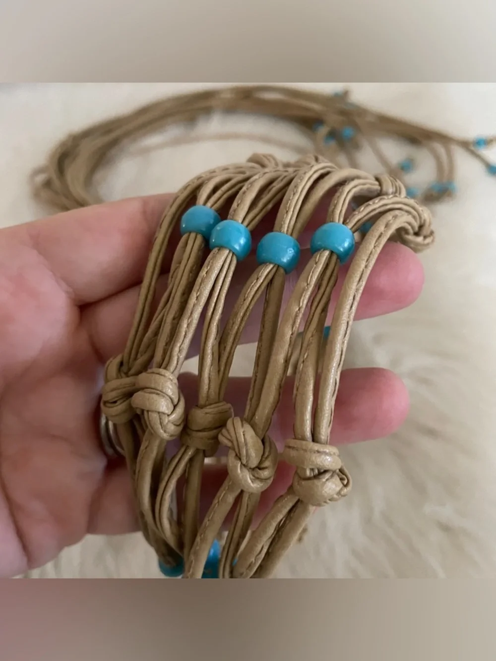 Vintage leather tie belt Handmade Natural Rope Waist Belt wTurquoise color Beads